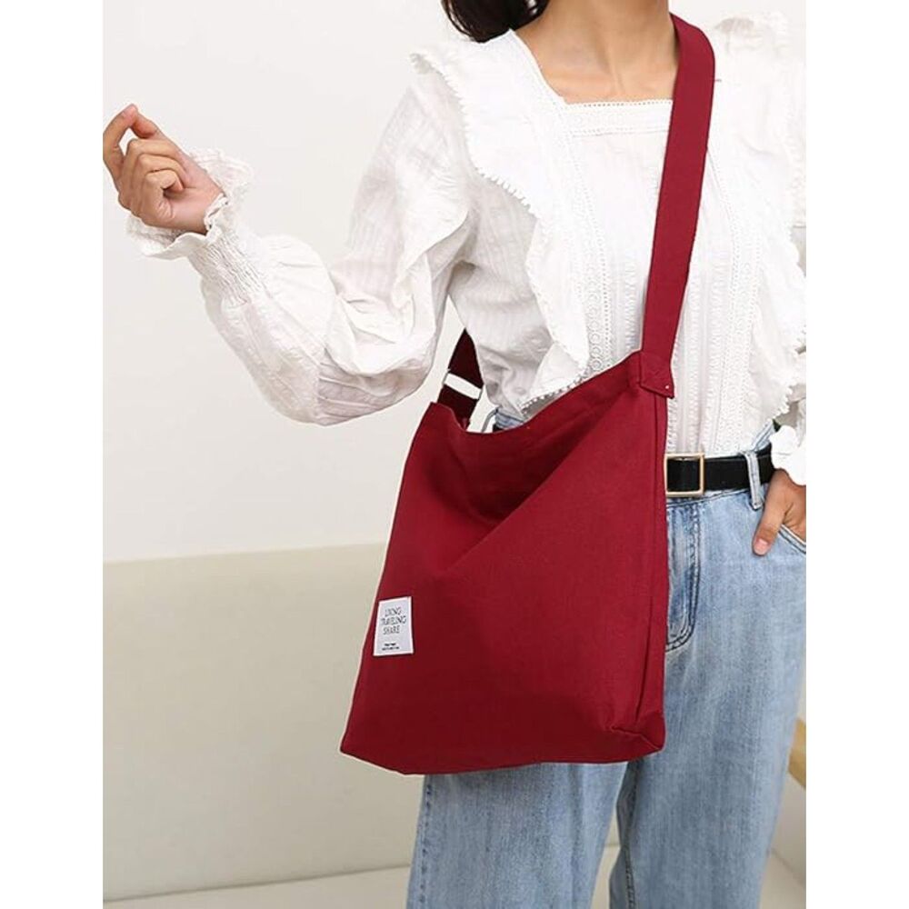 Women's Wine Red Imported Canvas Retro Large Size Shoulder Crossbody Tote Bag - Picture 2 of 2